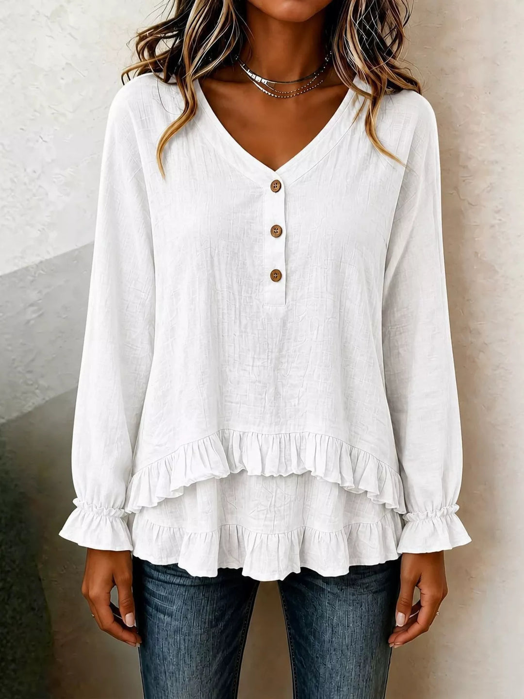 Tiered ruffle hem v-neck slub texture in white, front view