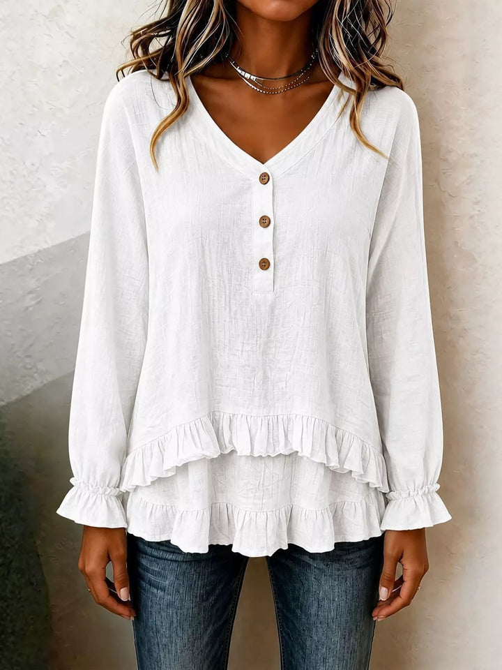 Tiered ruffle hem v-neck slub texture in white, front view