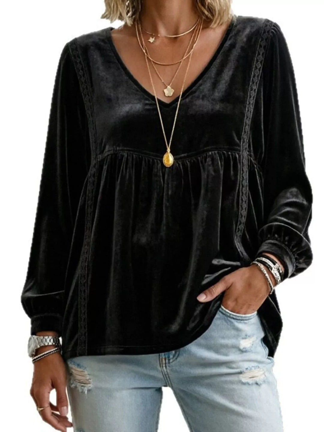 Velvet-look babydoll v-neck lace trim in black, front view