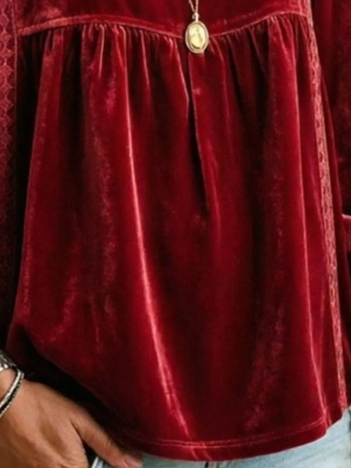 Velvet-look babydoll v-neck lace trim in burgundy, close-up detail 2