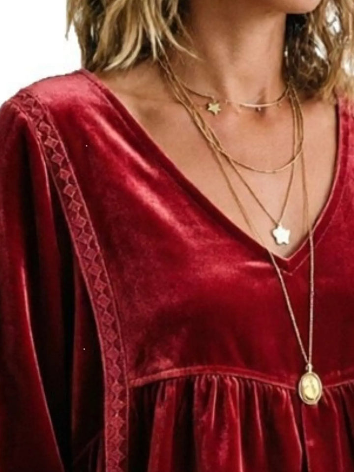 Velvet-look babydoll v-neck lace trim in burgundy, close-up detail
