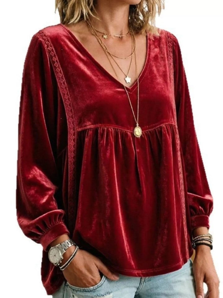 Velvet-look babydoll v-neck lace trim in burgundy, front view