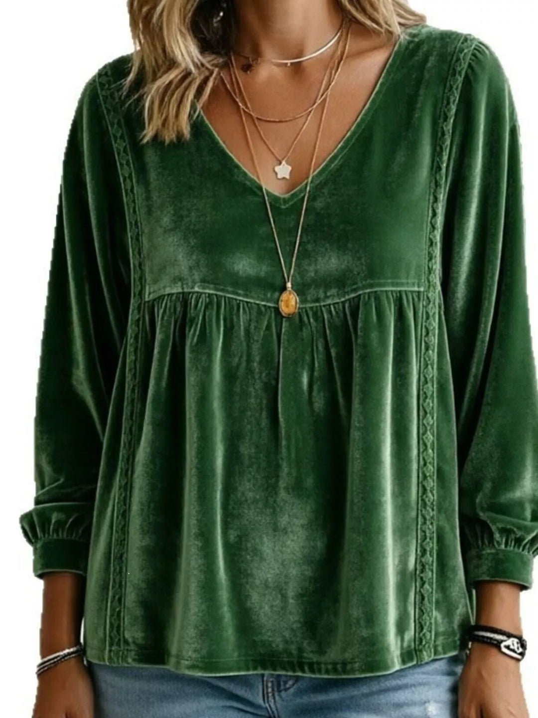 Velvet-look babydoll v-neck lace trim in dark green, front view
