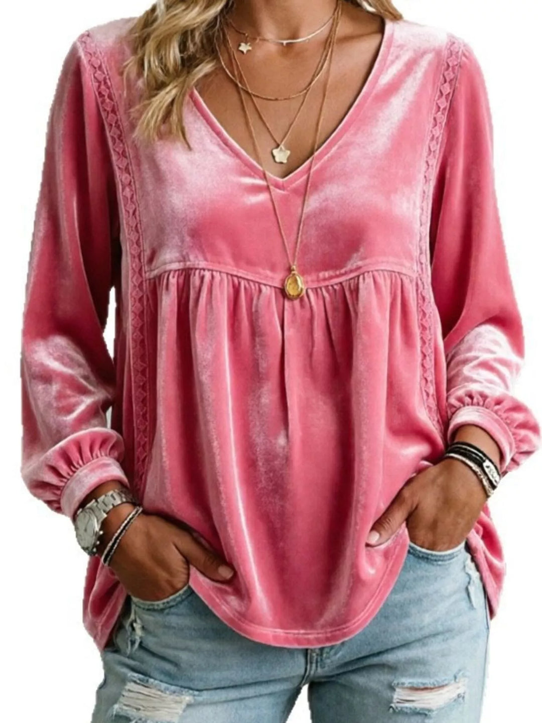 Velvet-look babydoll v-neck lace trim in fuchsia pink, front view