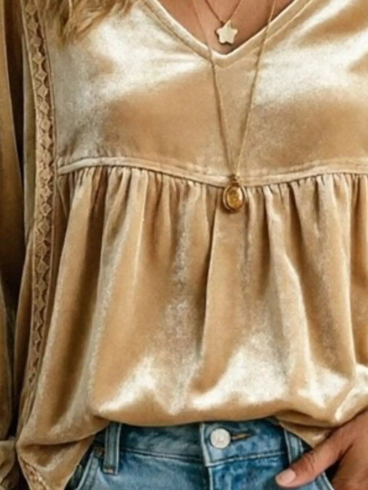 Velvet-look babydoll v-neck lace trim in gold, close-up detail 2