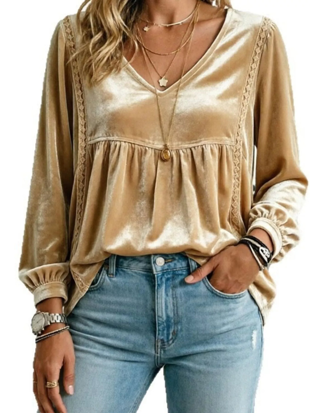Velvet-look babydoll v-neck lace trim in gold, front view