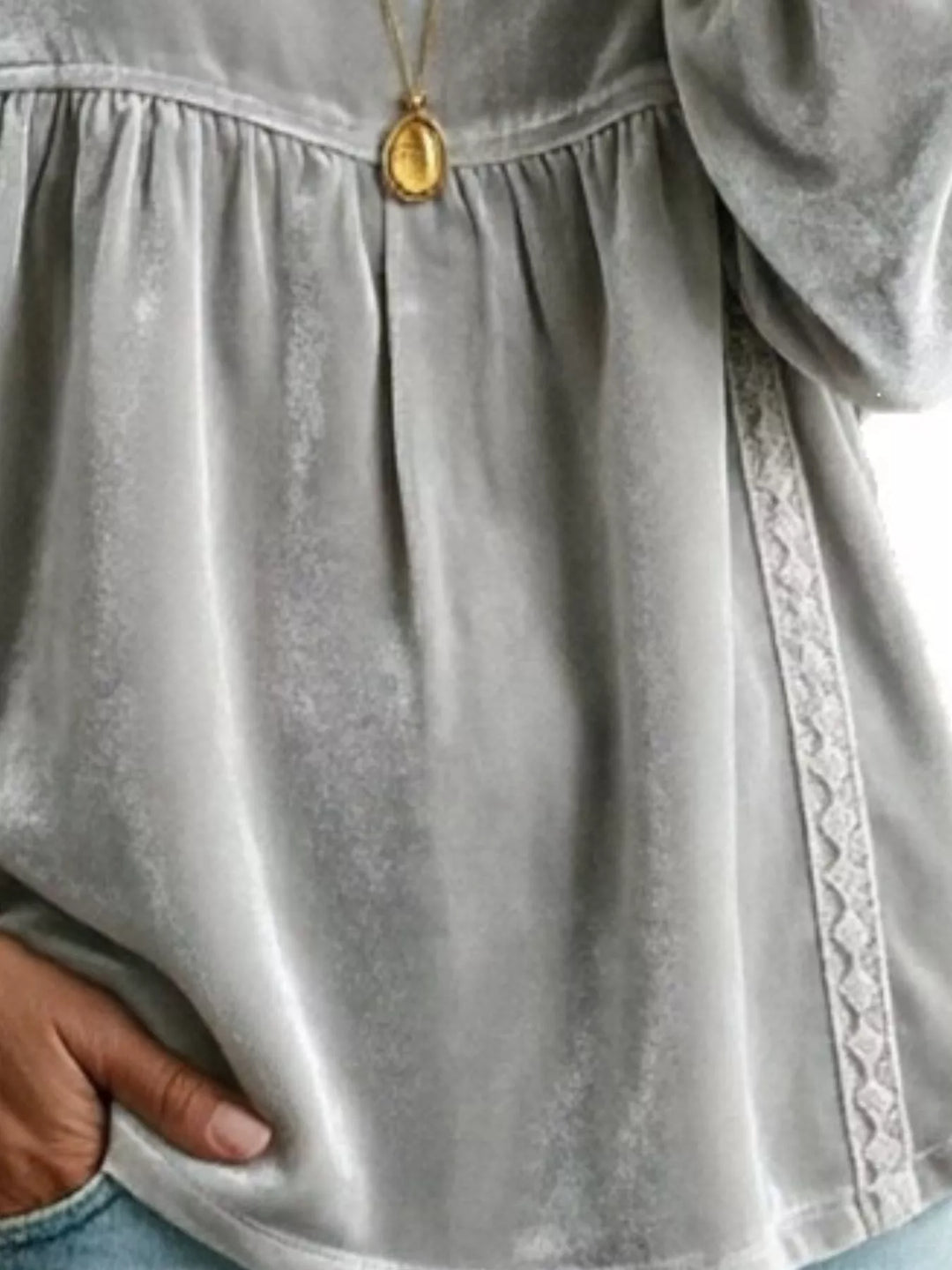 Velvet-look babydoll v-neck lace trim in gray, close-up detail 2