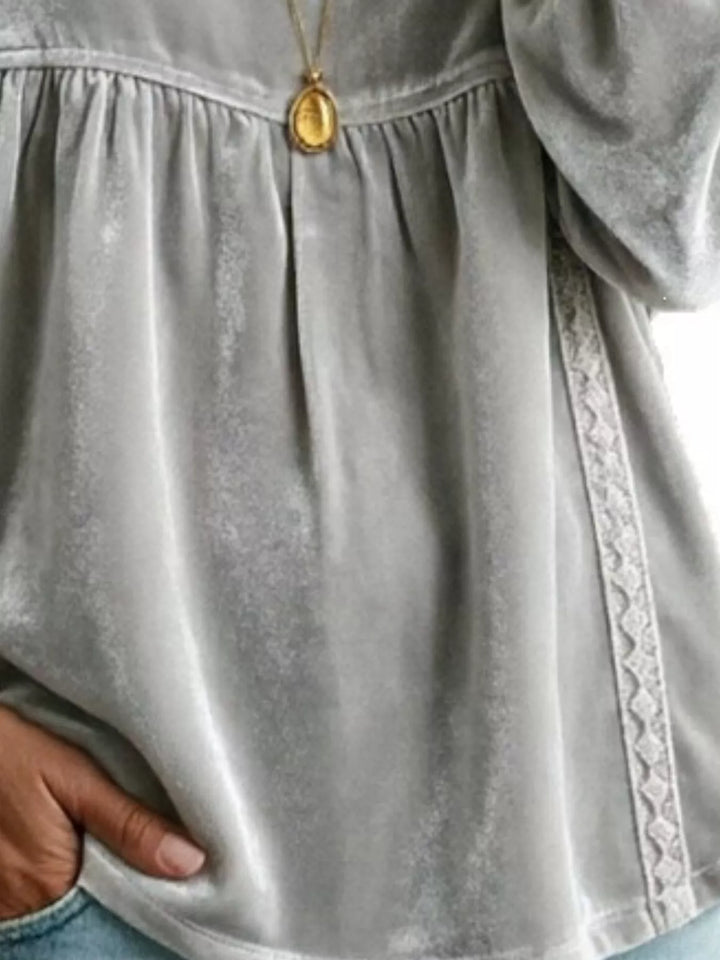Velvet-look babydoll v-neck lace trim in gray, close-up detail 2