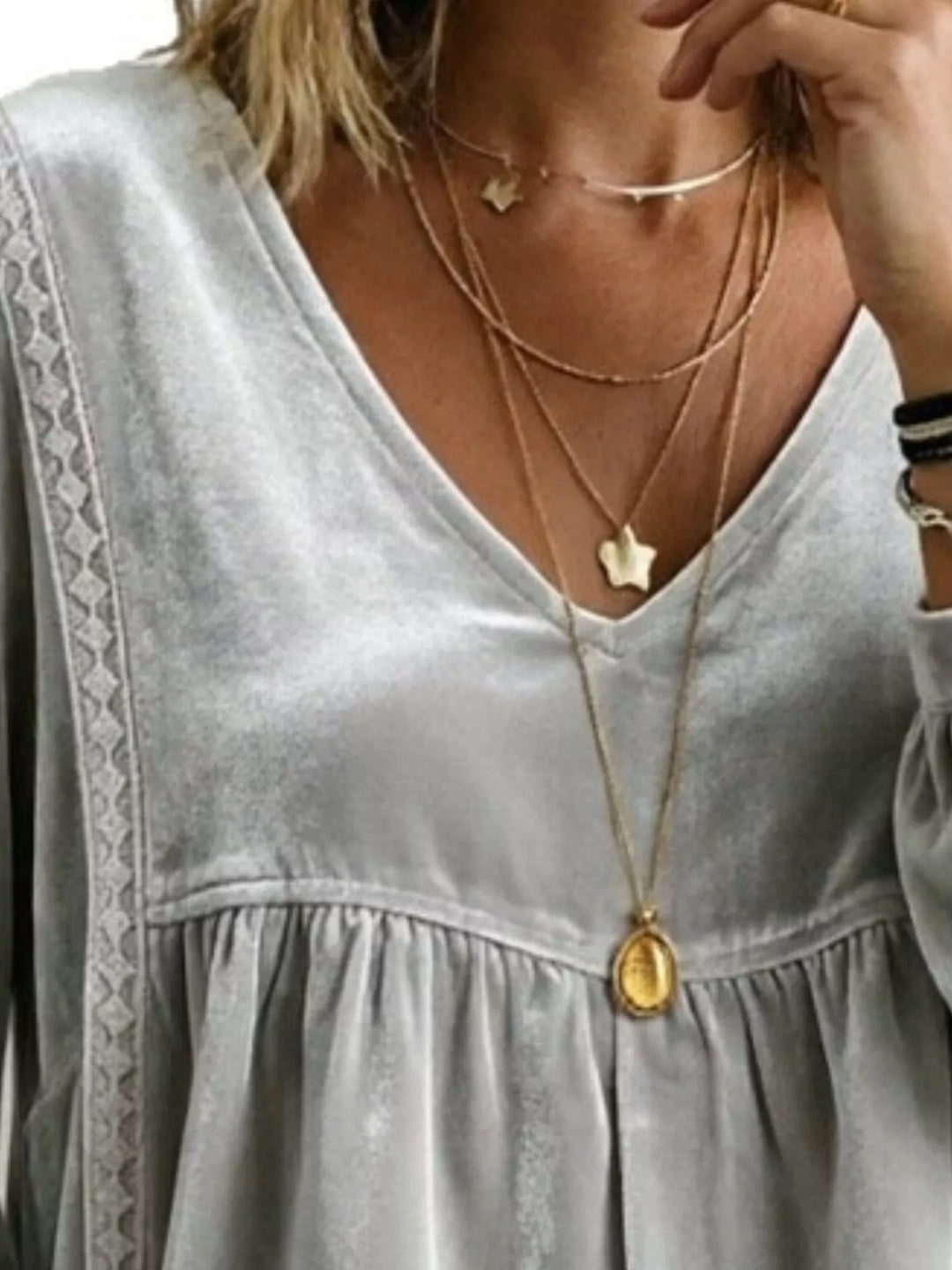 Velvet-look babydoll v-neck lace trim in gray, close-up detail