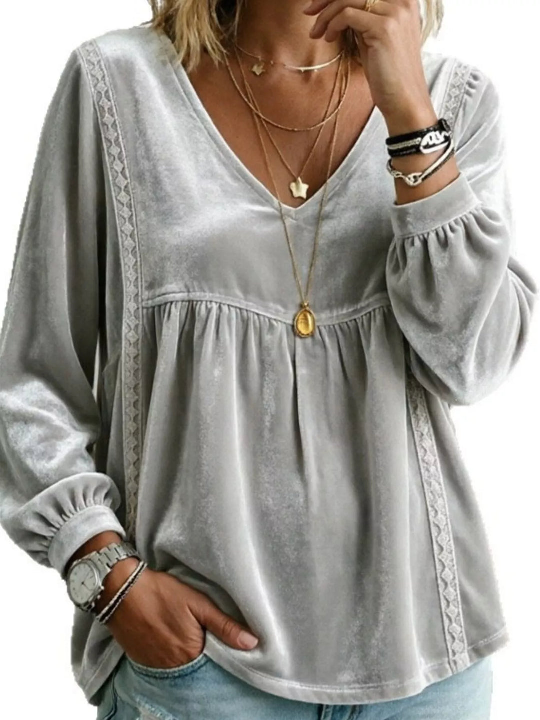 Velvet-look babydoll v-neck lace trim in gray, front view