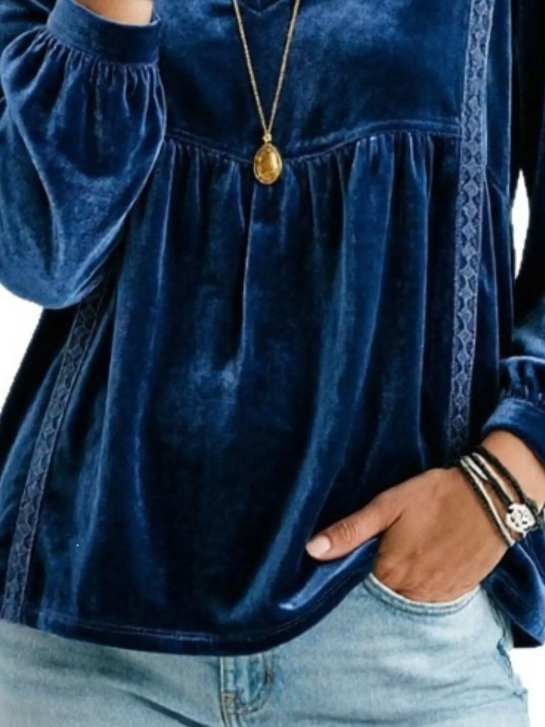 Velvet-look babydoll v-neck lace trim in navy, close-up detail 2