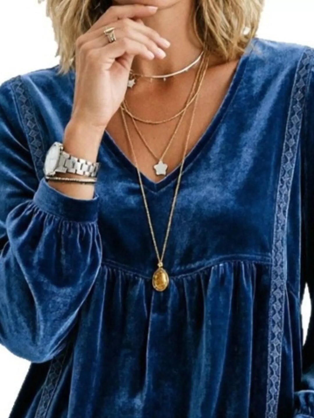 Velvet-look babydoll v-neck lace trim in navy, close-up detail