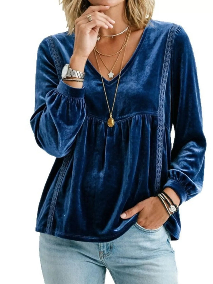 Velvet-look babydoll v-neck lace trim in navy, front view