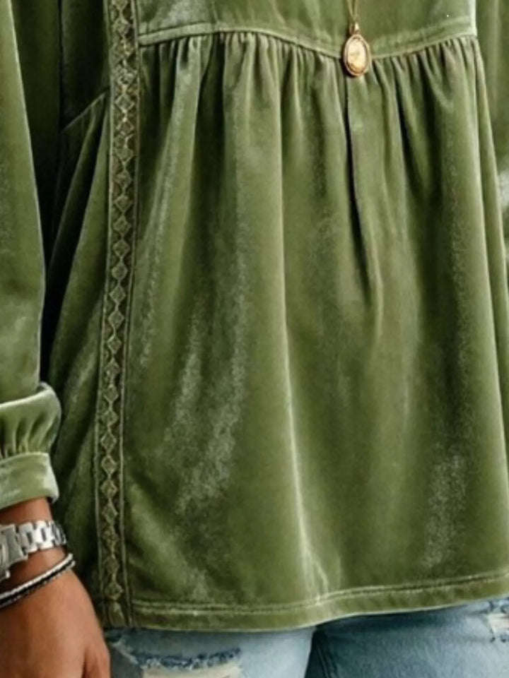 Velvet-look babydoll v-neck lace trim in olive, close-up detail 2
