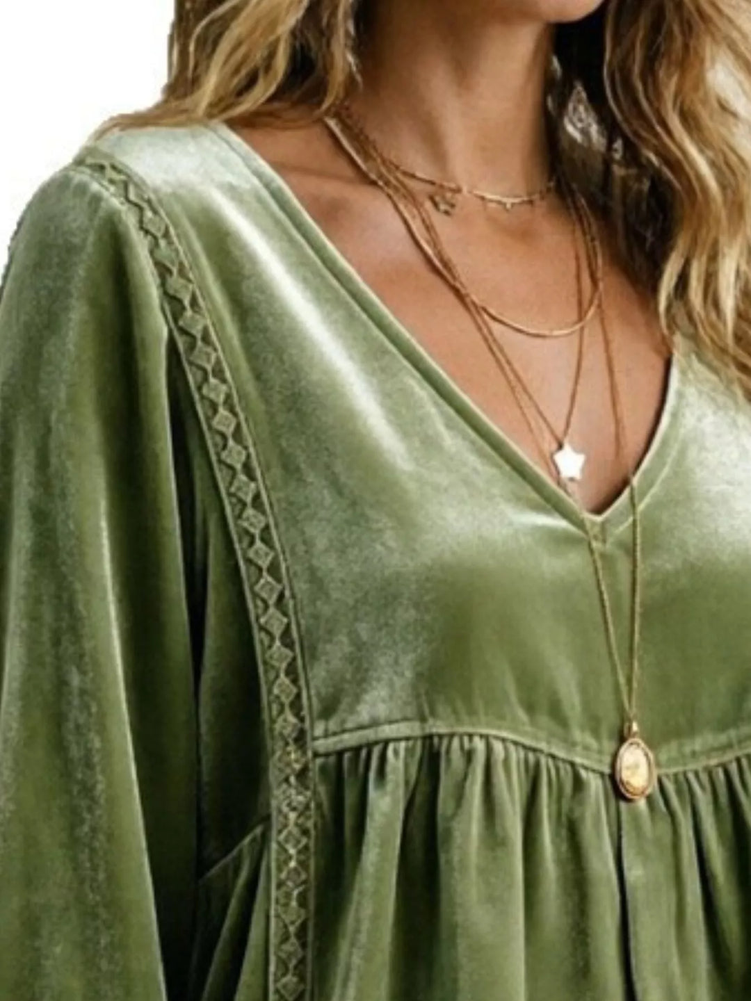 Velvet-look babydoll v-neck lace trim in olive, close-up detail