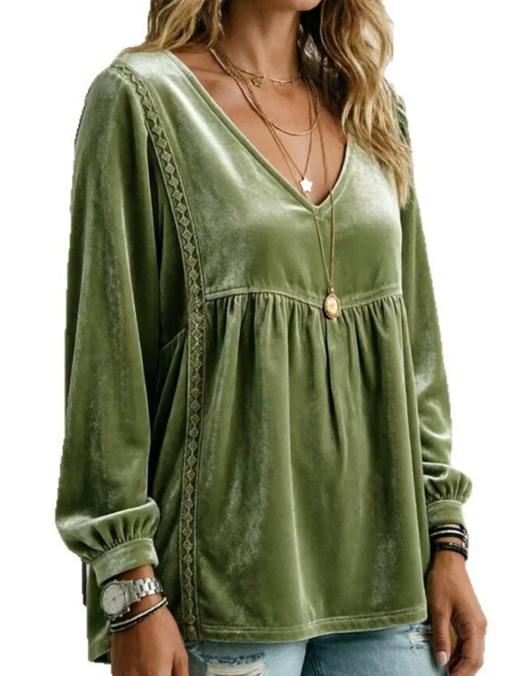 Velvet-look babydoll v-neck lace trim in olive, front view