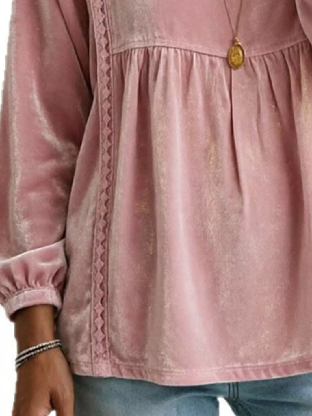 Velvet-look babydoll v-neck lace trim in pink, close-up detail 2
