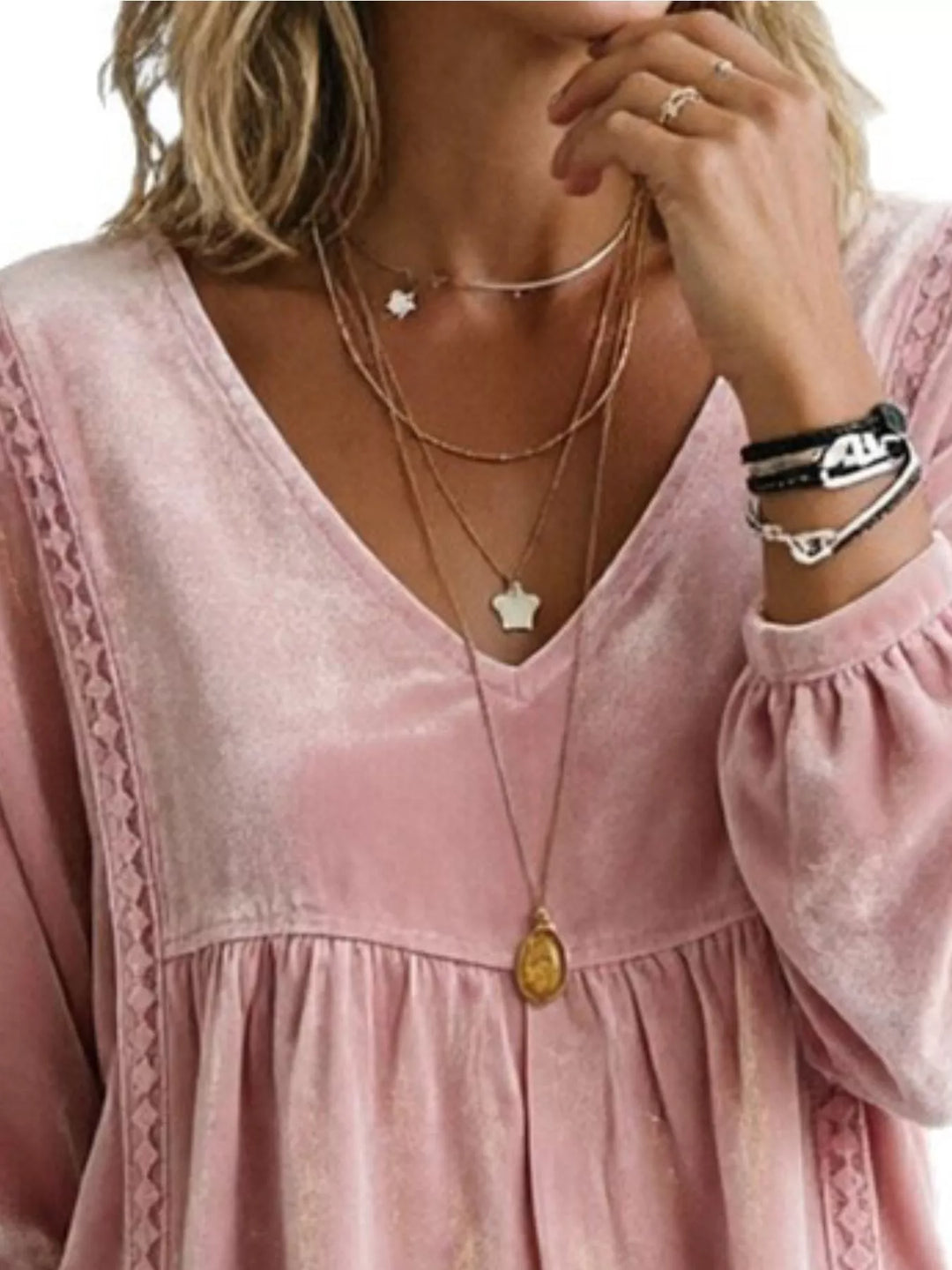 Velvet-look babydoll v-neck lace trim in pink, close-up detail