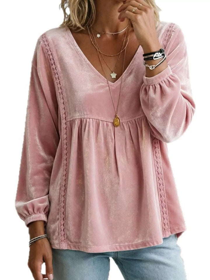 Velvet-look babydoll v-neck lace trim in pink, front view