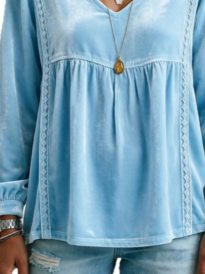 Velvet-look babydoll v-neck lace trim in sky blue, close-up detail 2