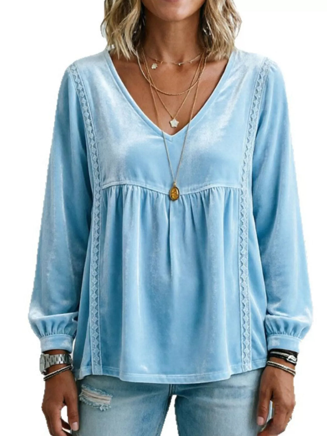 Velvet-look babydoll v-neck lace trim in sky blue, front view