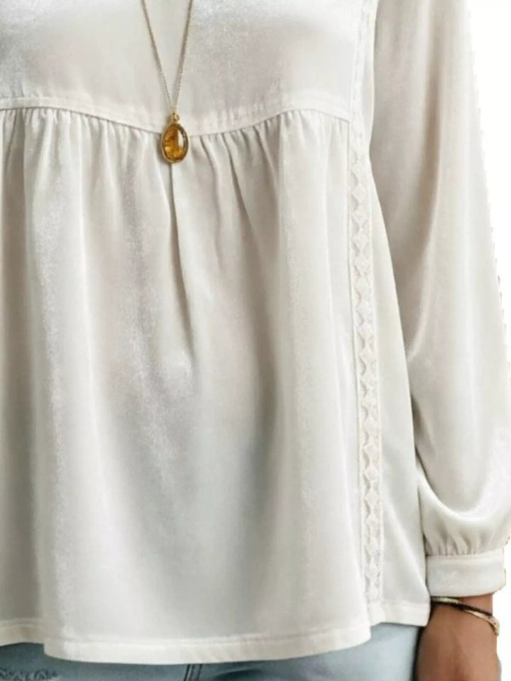 Velvet-look babydoll v-neck lace trim in white, close-up detail 2