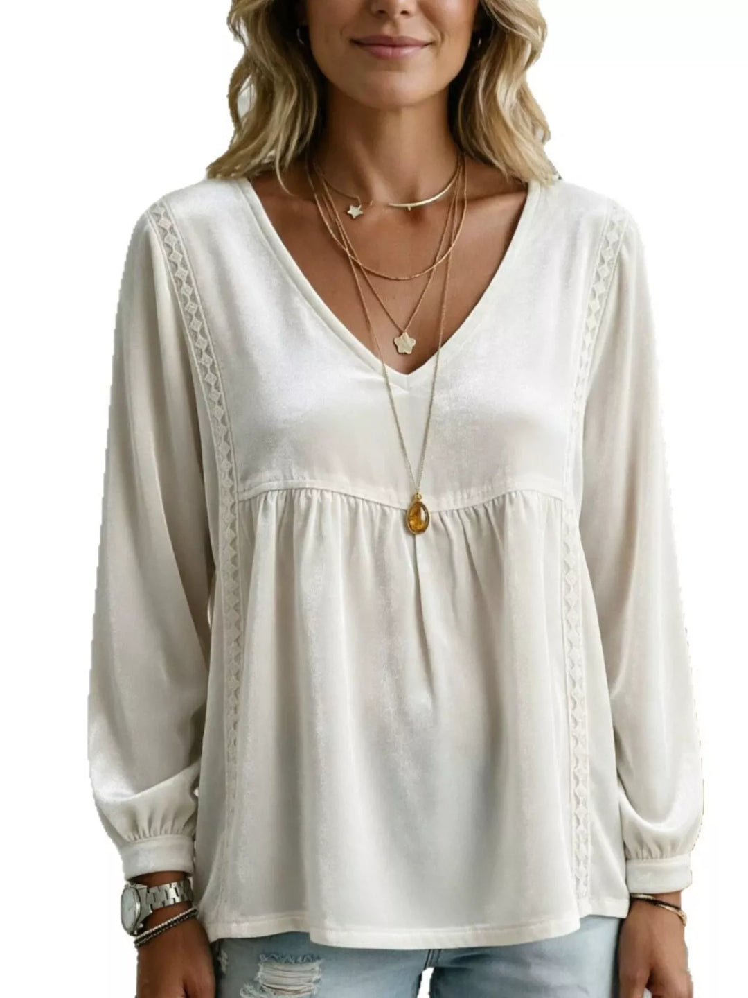 Women's long sleeve blouse in white, velvet-look babydoll v-neck lace trim