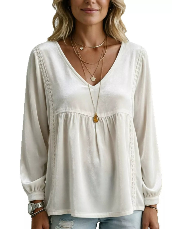 Women's long sleeve blouse in white, velvet-look babydoll v-neck lace trim