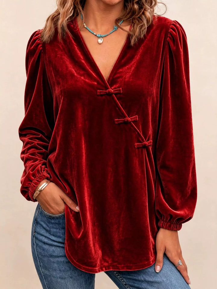 Velvet-look knot button puff sleeve in burgundy, front view