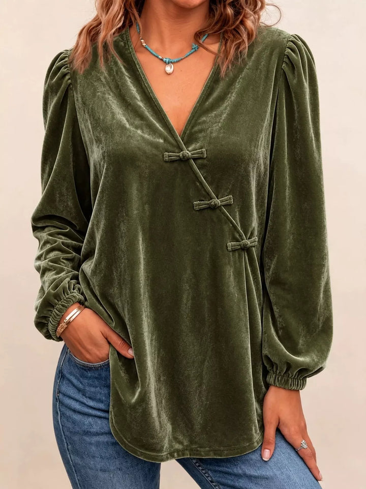 Women's long sleeve blouse in dark green, velvet-look knot button puff sleeve