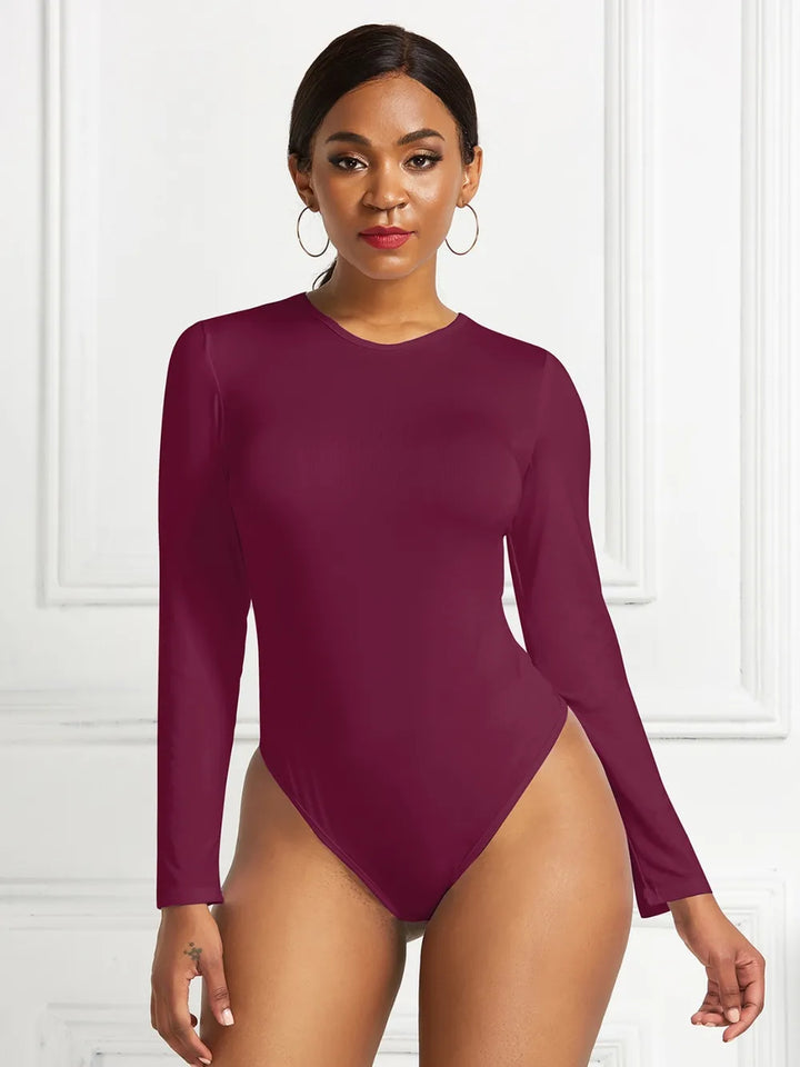 Crew neck high cut snug stretch in burgundy, styled on model