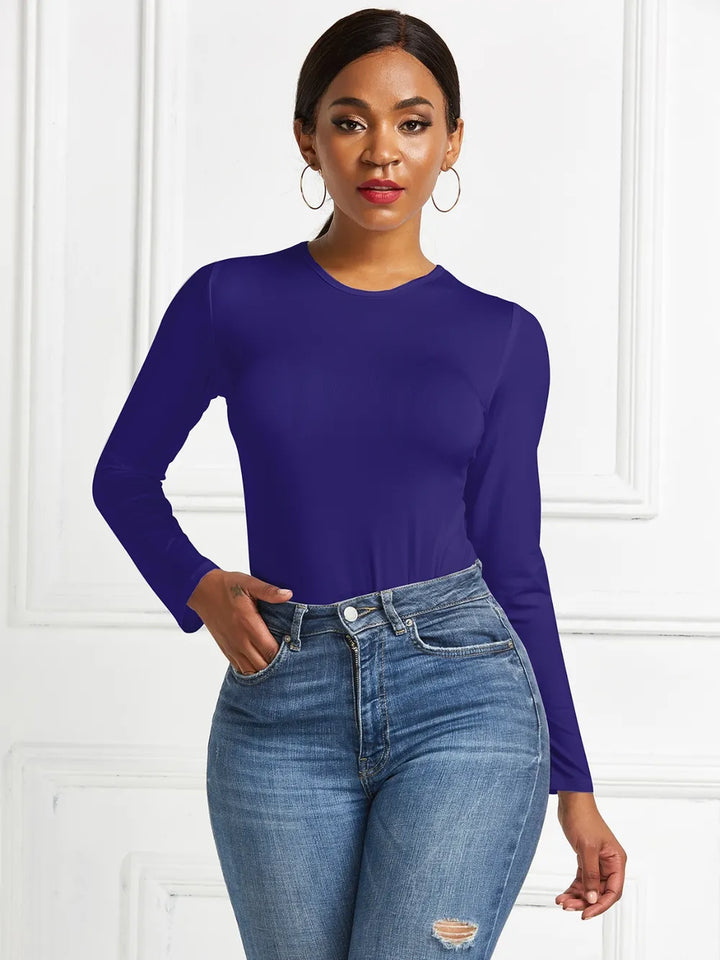 Crew neck high cut snug stretch in dark blue, styled on model 2