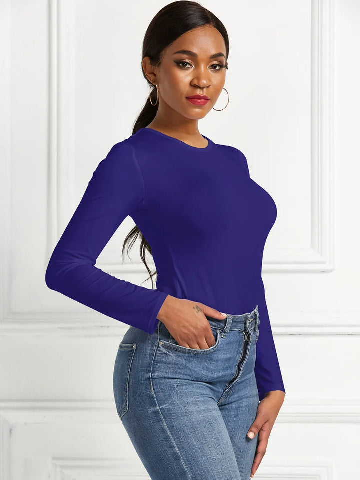 Crew neck high cut snug stretch in dark blue, styled on model 3