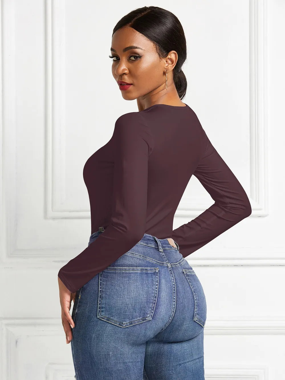 Crew neck high cut snug stretch in dark brown, back view