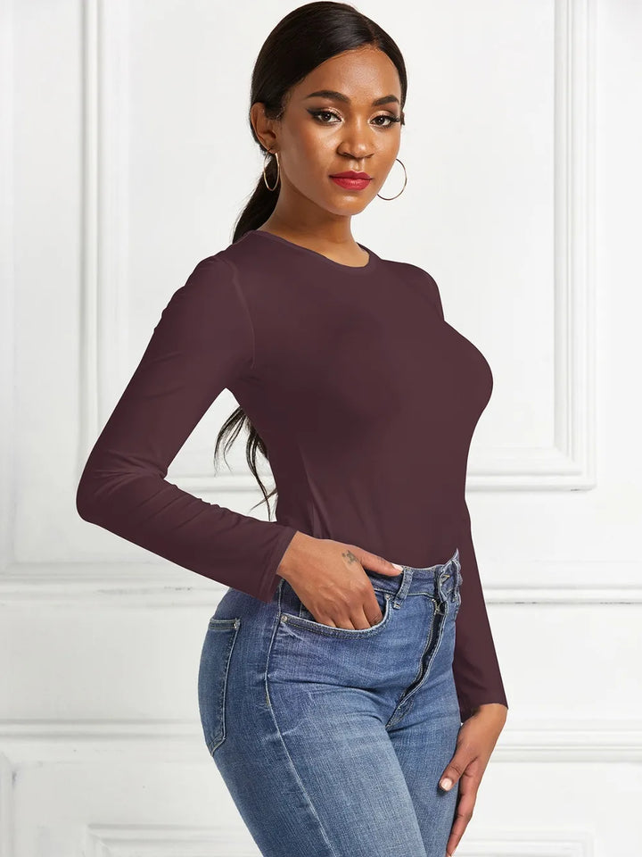 Crew neck high cut snug stretch in dark brown, styled on model 3