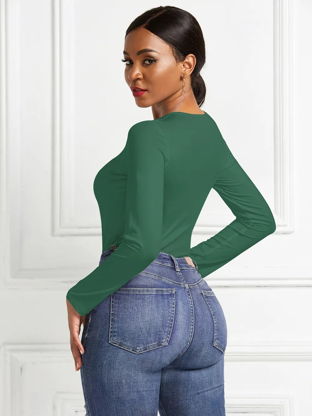 Crew neck high cut snug stretch in dark green, back view