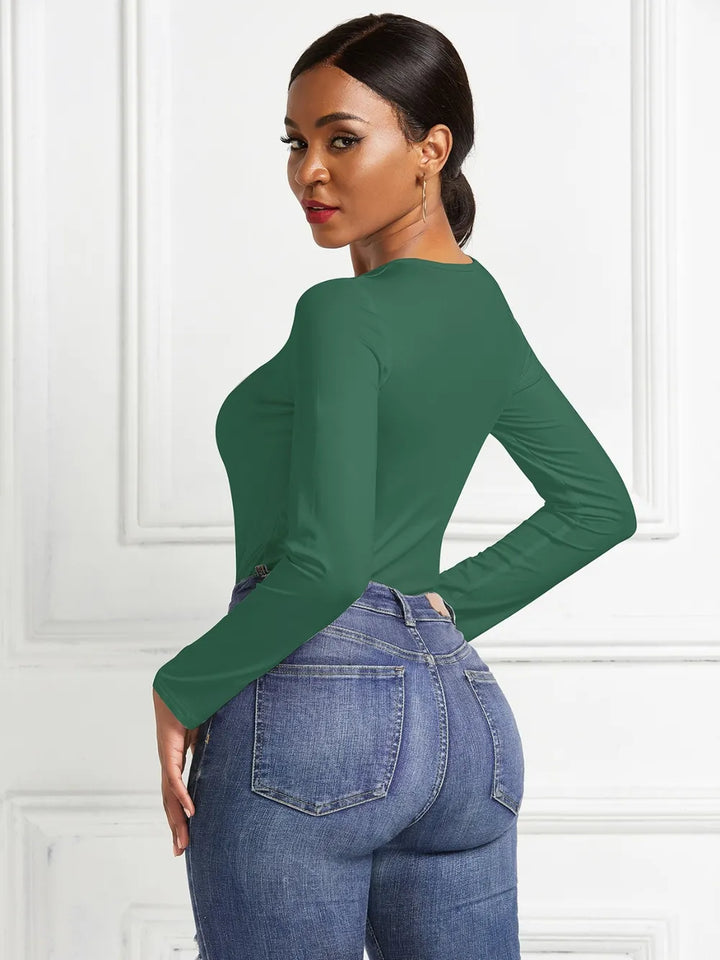 Crew neck high cut snug stretch in dark green, back view