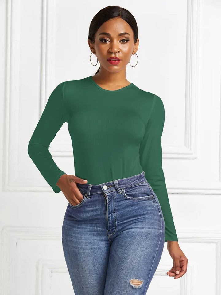 Crew neck high cut snug stretch in dark green, styled on model 2