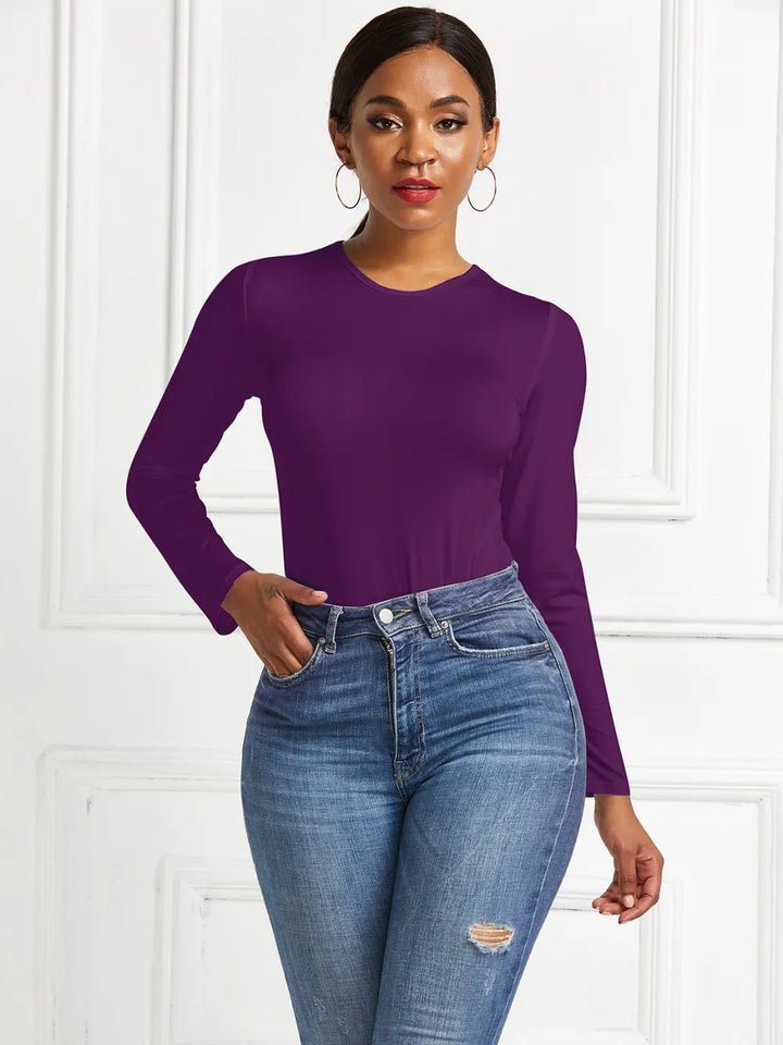 Crew neck high cut snug stretch in deep purple, styled on model 2