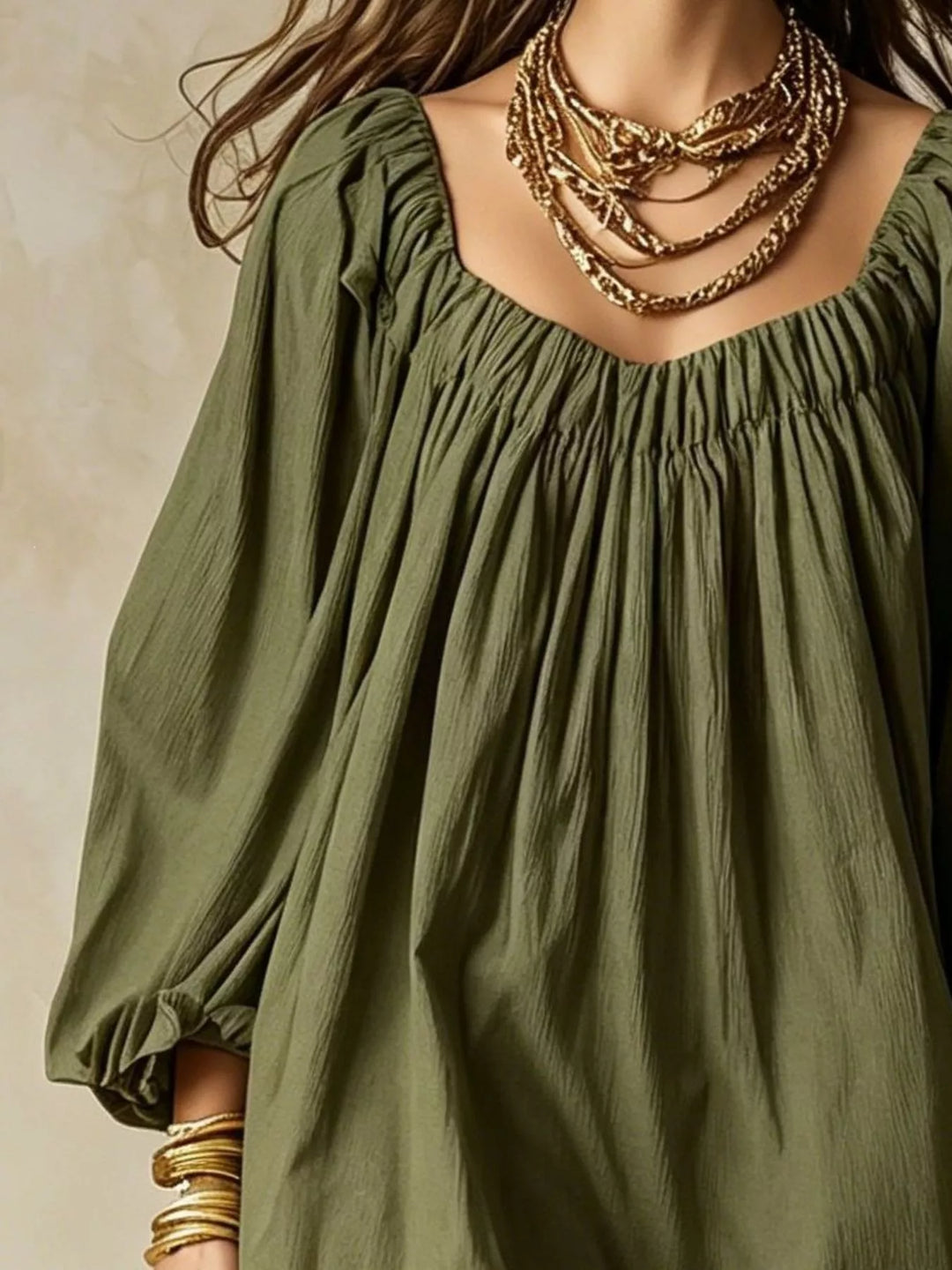 Balloon cuff gathered neckline mini in army green, close-up detail