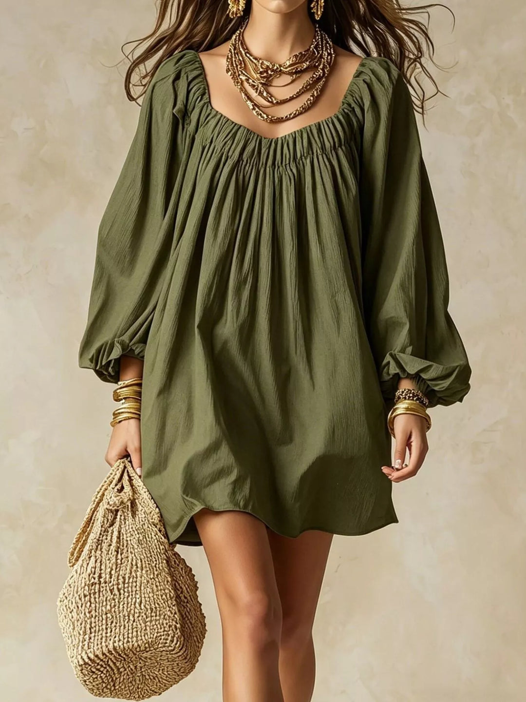 Balloon cuff gathered neckline mini in army green, front view