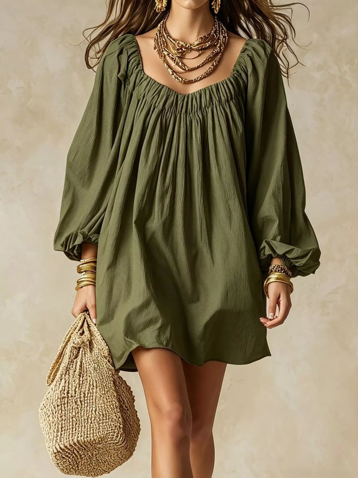 Balloon cuff gathered neckline mini in army green, front view
