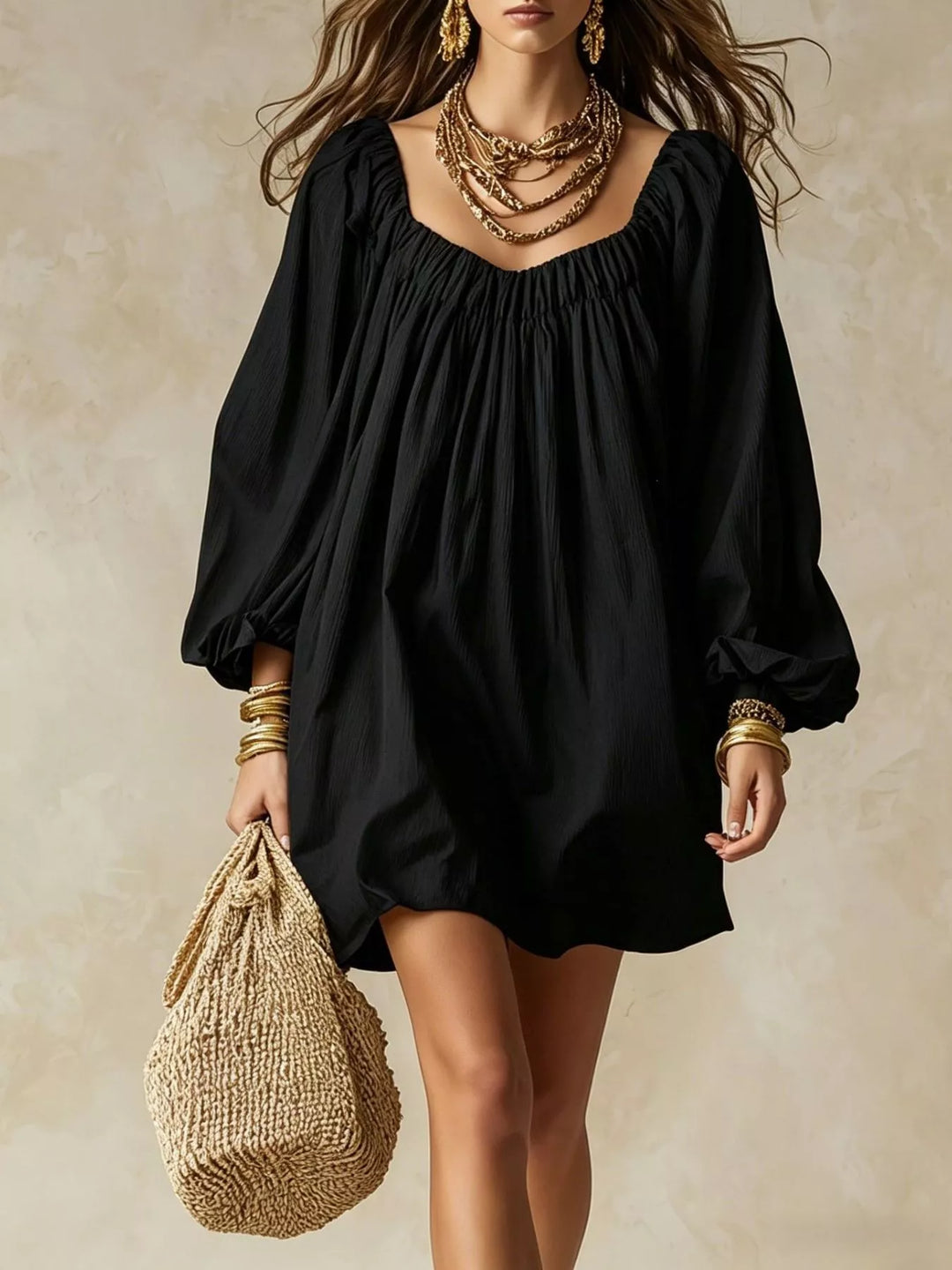 Balloon cuff gathered neckline mini in black, front view