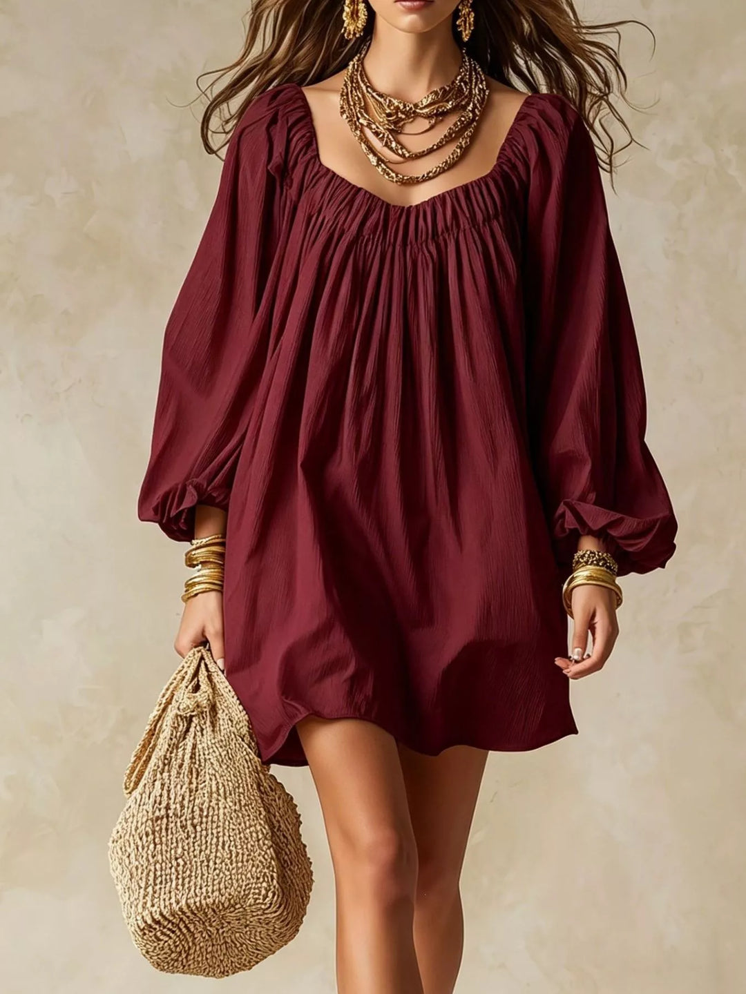 Balloon cuff gathered neckline mini in burgundy, front view