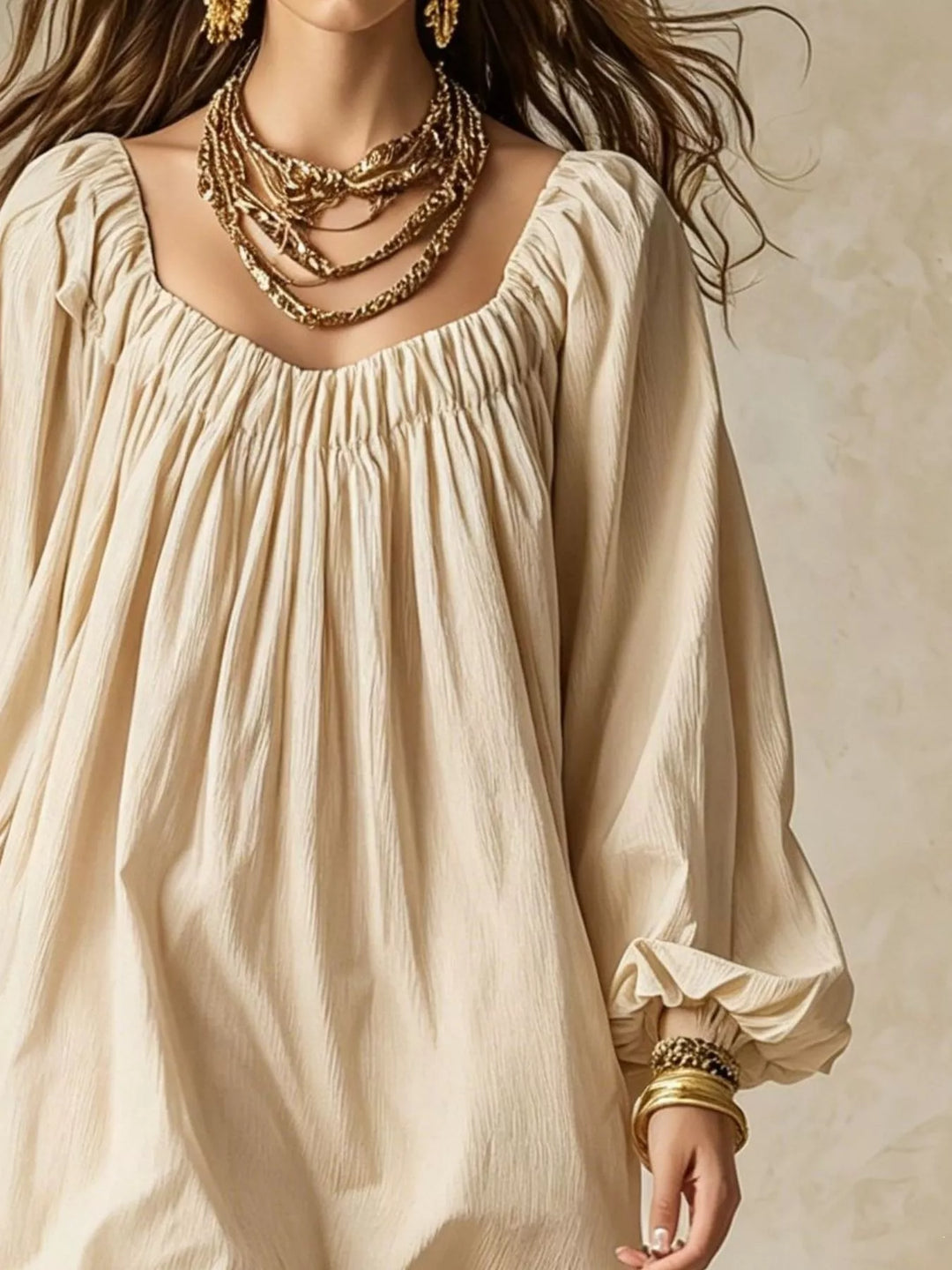 Balloon cuff gathered neckline mini in ivory, close-up detail