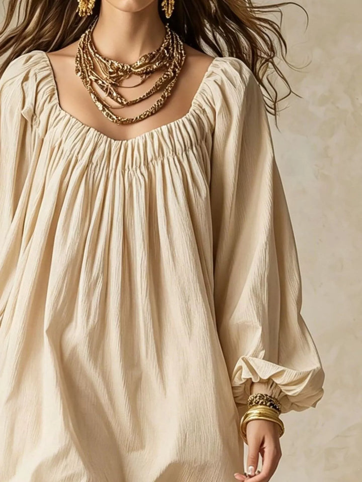 Balloon cuff gathered neckline mini in ivory, close-up detail