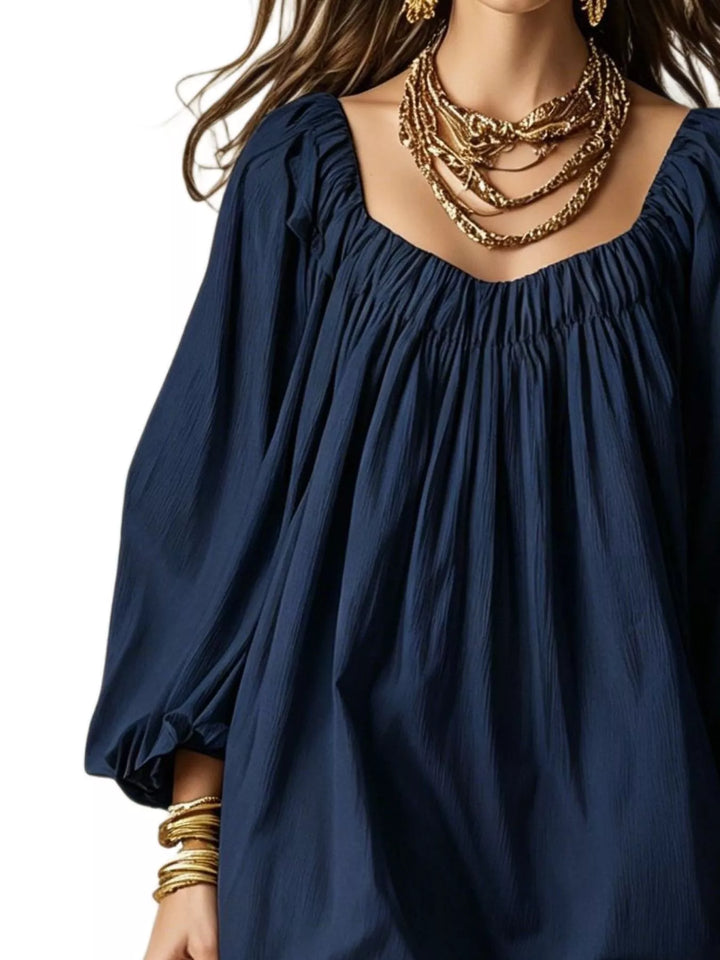 Balloon cuff gathered neckline mini in navy, close-up detail
