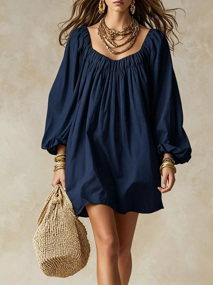 Balloon cuff gathered neckline mini in navy, front view