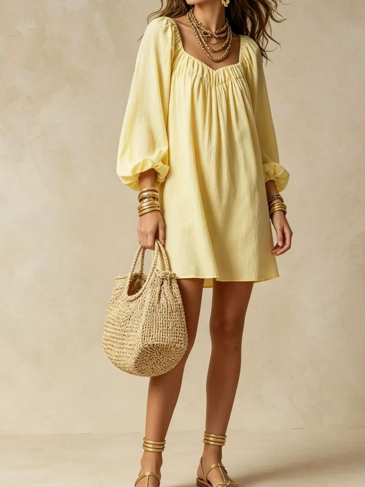 Balloon cuff gathered neckline mini in yellow, front view 2