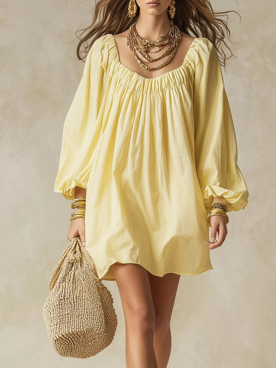 Women's long sleeve dress in yellow, balloon cuff gathered neckline mini
